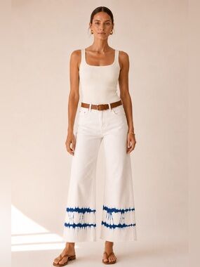 Hudson Rosie Cream Colored Rosie wide leg crop jeans with blue shibori detail 28